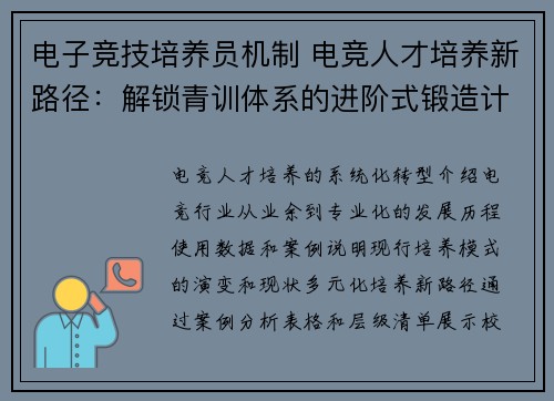 电子竞技培养员机制 电竞人才培养新路径：解锁青训体系的进阶式锻造计划